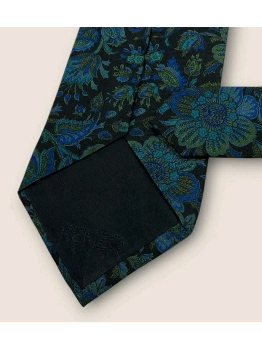 KENZO VINTAGE Silk Tie ITALY Black Blue Green Floral Bird W:3.2" EUC - Picture 5 of 6